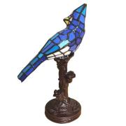 5LL-6102BL bordlampe fugl, tiffanystil, blå