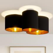 Lindby loftlampe Laurenz, 3 lyskilder, sort/guld, tekstil