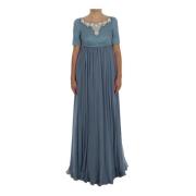 Blue Silk Crystal Sheath Gown Ball Dress