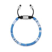 Men`s Beaded Bracelet with Light Blue and Silver Disc Beads