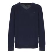 Blå Uld V-Hals Sweater til Mænd
