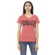 Pink Bomuld V-Hals T-Shirt med Frontprint