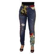 Blå Patchwork Højtaljede Denim Jeans