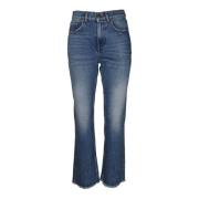 Blå Cropped Flare Jeans med Frynsekant
