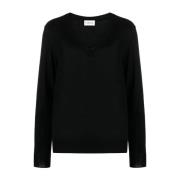 Sort Uld-Silke Blanding V-Hals Sweater