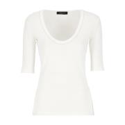 Hvid Bomuld U-Hals T-Shirt med Lyspunkt Detaljer