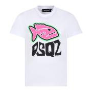Hvid Piranha Print T-Shirt i Bomuld