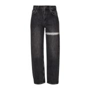 Højtaljede Straight Leg Denim Jeans med Cut Out Rhinestone Detalje