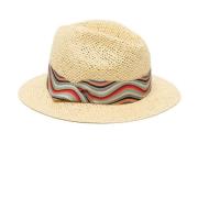 Beige Ribbon-Trim Straw Fedora Hat