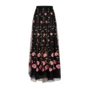 Sort Rose Polyester Midi Nederdel