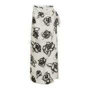 Hvid Linned Wrap Nederdel med Rose Print
