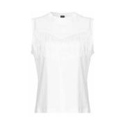 Hvid Ærmeløs Bomuld T-shirt med Frynse Detalje