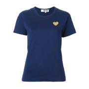 Marineblå Bomuldskvinde T-shirt med Gylden Hjerte Broderi