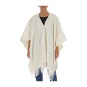 Hvid frynset oversized poncho cape