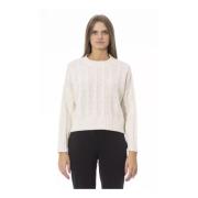 Beige Uld Crew Neck Sweater med Monogramdetalje