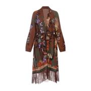 Brun Kimono-Stil Midi Kjole med Frynser