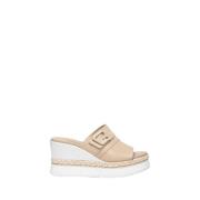 Beige Læder Kile Sandaler