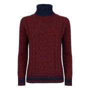 Burgundy Aran-Stitched Turtleneck Sweater