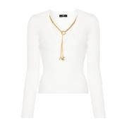 Hvid Sweater med V-hals og Guld Kæde