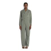 Grøn Bomuld Linned Polo Jumpsuit
