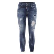 Mørkeblå Skinny Jeans med Malingssprøjt og Slidte Detaljer