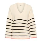 Stribet V-Neck Pullover Sweater Whisper White