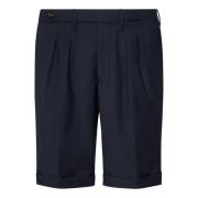 Navy Blue Wool Blend Pleated Shorts