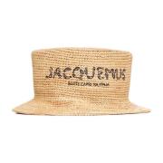 Beige Raffia Hat med Sort Logo