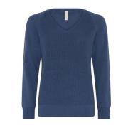 Casual V-Neck Pullover Bluse Jeans Blå