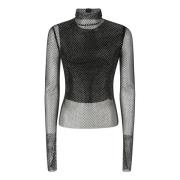 Glitter Mesh Top med Høj Krave