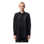 Elegant Bomuld Oversized Skjorte med Engelsk Broderi