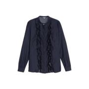 Ruffle Denim Bluse med Stående Krave