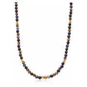 Beaded Necklace with Dumortierite, Brown Tiger Eye, and Gold