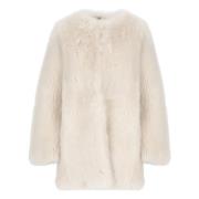 Shearling Pelsfrakke Ivory Rund Hals