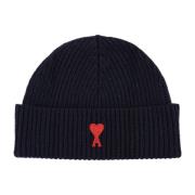 Blå Uld Ribstrikket Beanie Hat