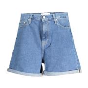 Blå Mom Jeans Shorts Knap Lynlås Logo