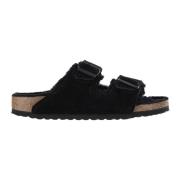 Shearling Sorte Sandaler Justerbare Stropper Kork