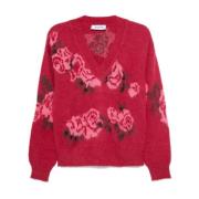 Rød blomstret sweater med perleudsmykning