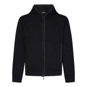 Sort Zip-Up Hoodie med Corduroy Trim