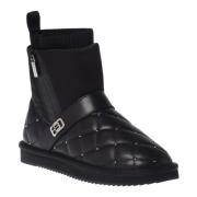 Ankle boots in black quilted leather and nylon with studs