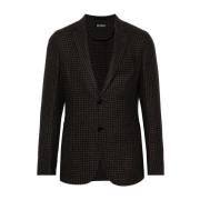 Blå Houndstooth Linned-Uld Blazer