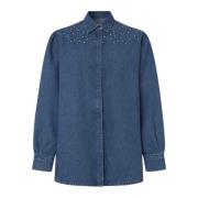 Sparkle Denim Boyfriend Skjorte med Rhinestone Detaljer