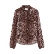 Leopard Print Silke V-Hals Skjorte