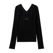 Sort V-hals Ribstrikket Sweater