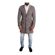 Grå Plaid Trench Coat med Lommer