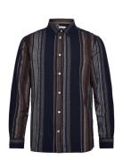 Loose Fit Double Layer Striped Shir Knowledge Cotton Apparel Navy