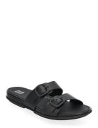 Gracie Rubber-Buckle Two-Bar Leather Slides FitFlop Black