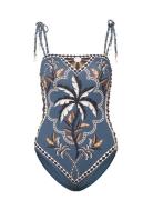 Fern Tie Shoulder Printed Swimsuit Malina Blue