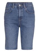 Denim Bermuda Shorts With Frayed Hem Mango Blue