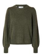 Slflulu Ls Knit Rib O-Neck Noos Selected Femme Khaki